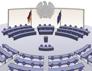 Die Grafik zeigt den Sitzungssaal des Bundestags.
