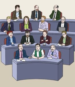 Die Grafik zeigt einen Teil der Sitze eines Parlaments. Dort sitzen viele Personen. Davon sind nur zwei Frauen. 
