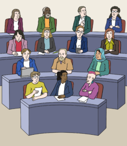 Die Grafik zeigt die Sitze einer Fraktion im Parlament. Dort sitzen viele unterschiedliche Personen. Mindestens die Hälfte davon sind Frauen. 
