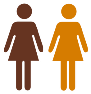 Die Grafik bildet zwei Frauensymbole nebeneinander ab. Eins ist dunkelbraun, das andere orange.