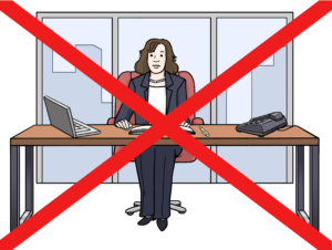 Die Grafik zeigt eine Frau in einem Büro am Schreibtisch. Über das gesamte Bild ist ein dickes rotes Kreuz gemalt.