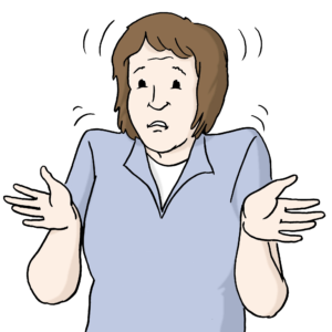 Die Grafik zeigt eine Frau, die die Hände fragend hebt, den Kopf schüttelt, mit den Schultern zuckt um zu zeigen, dass sie etwas nicht versteht.